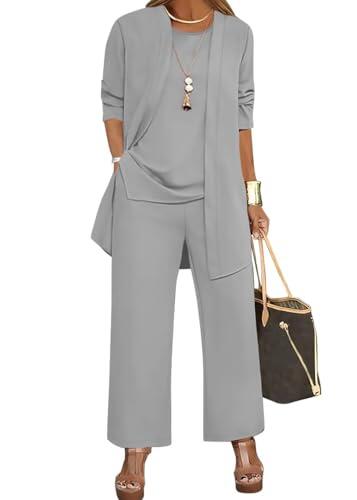 Generisch Traje de pantalón para mujer, festivo, elegante, juego de 3 piezas, tallas grandes, trajes de pantalón, traje de noche para mujer, A Grey, XXL