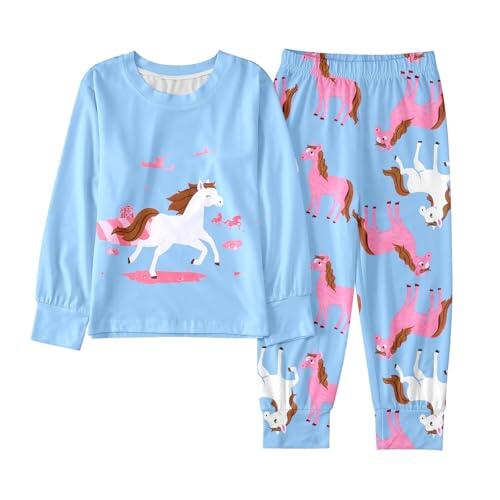 Genérico Conjunto de Pantalone Invierno Niñas Larga Manga Estampado Caballo Animado Dos Piezas Algodón Cómodo Infantil Noche Dormir (Sky Blue, 4-5 Years)