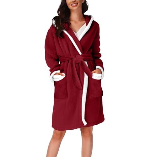 Albornoz de hotel para mujer, bata con capucha de borg esmerilado, suave, cálido, bloque de color, retazos, bata de descanso, forro polar suave, cálido, manga larga, longitud a la rodilla, ropa de