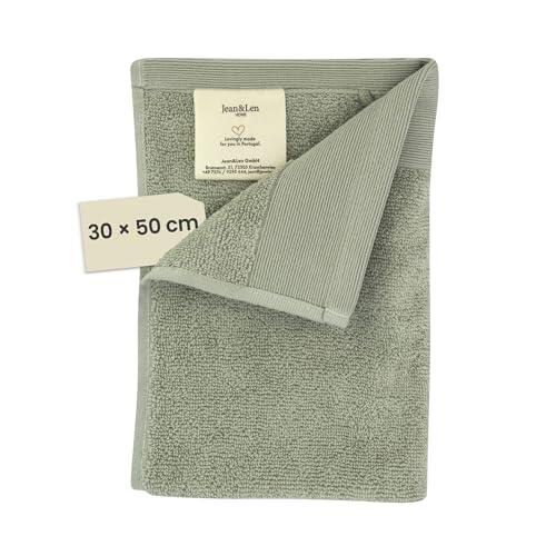 Jean & Len Toalla para Invitados algodón 100% orgánico, Color Salvia, con Gancho, Certificado Oeko-Tex y Gots, Etiqueta de la Marca en Cuero Vegano, Toallas para Invitados 30 x 50 cm