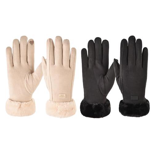 ZXTGBQ 2 Pares Guantes de Invierno para Mujer, Termicos Guantes, para Actividades De Ocio En Interiores o Exteriores (Beige, Negro)