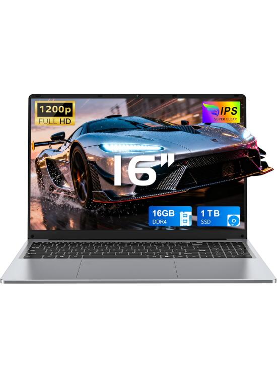 2025 Ordenador Portátil 16 Pulgadas 16GB RAM 1TB SSD Expansión 1TB Portátil 4 Cores Celeron N150 hasta 3.6 GHz Win11 Laptop FHD 1920×1200 USB3.0 BT5.0 WiFi5 HDMI Teclado Retroiluminado-Gris
