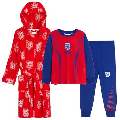 Pijama oficial de Inglaterra Football Club + albornoz con capucha, conjunto de ropa de dormir de 3 piezas, Inglaterra, 7-8 años