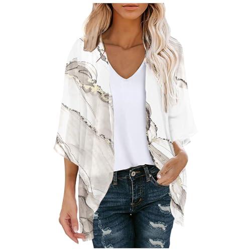 Generisch Cárdigan de gasa para mujer, diseño floral, manga abullonada, informal, blusa superior, elegante, estilo envolvente, punto suave, caqui, M
