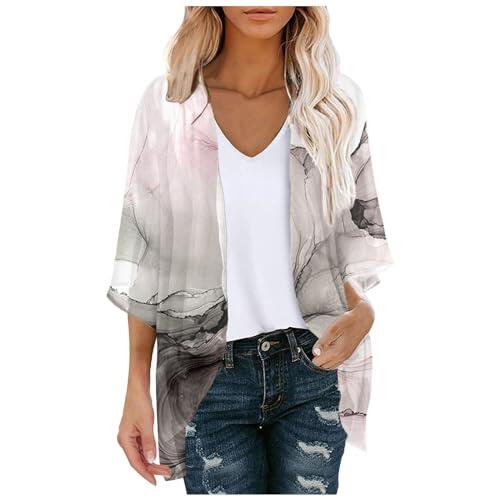 Generisch Cárdigan de gasa para mujer, diseño floral, manga abullonada, informal, blusa de arriba ligera y cómoda, gris, XXL