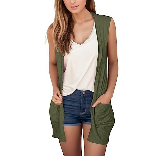 Generisch Abrigo estampado chaqueta de punto para mujer frente abierto sin mangas ropa exterior ligera suelta con prácticos bolsillos para moda casual de moda, Verde militar., XXL