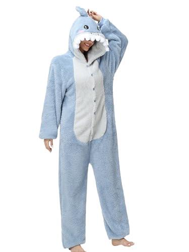 chuangminghangqi Pijama de una pieza para mujer, largo de invierno, disfraz de animal, disfraz para adultos, mono para mujer, pijama de forro polar, con capucha, Tiburón, M