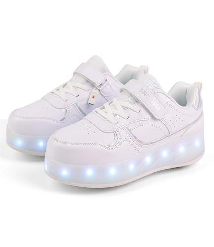 Fansu Zapatos con Ruedas y LED Luces para Niños y Niñas, Zapatillas con Ruedas con USB, Blanco Zapatillas de Skateboard con 4 Retráctil Wheels para Cumpleaños, Navidad