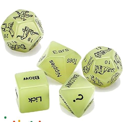 ZeeKoug 5 Piezas con 12 Caras, Regalo de Pareja, luz Verde, Brillante claramente en la Oscuridad, Dados Verdes