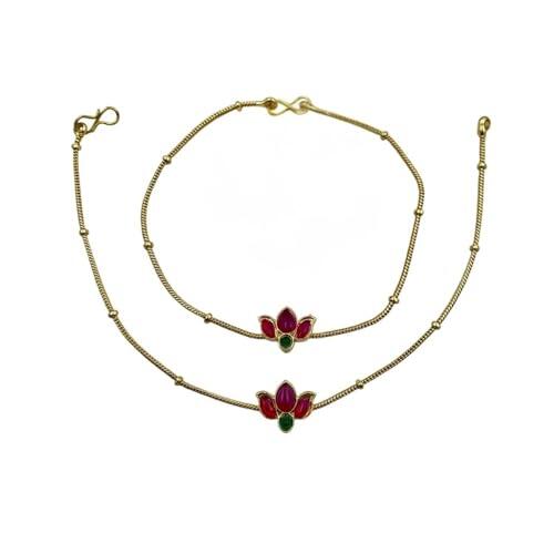 Varnii Tobillera tradicional chapada en oro con diseño de loto para mujeres y niñas | Elegante piedra roja y verde Payal | Joyería étnica para pies | Accesorio de regalo ligero de uso diario