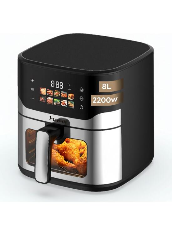 NARVI - Freidora de Aire Doble Resistencia 8L - 2200W - Ventana Visible - 10 Menús - Cocción Sin Girar Alimentos - 80–200°C - Panel Digital Táctil Apta para Lavavajillas sin BPA ni PFOA