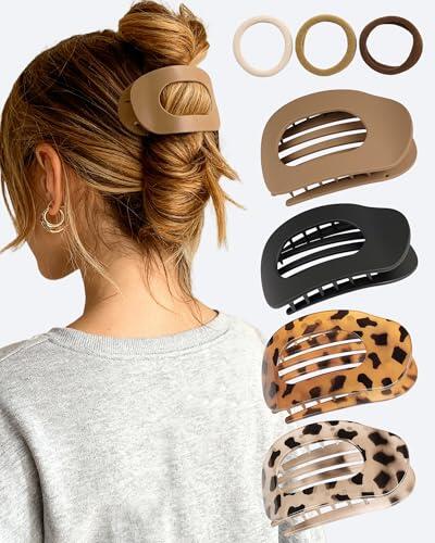 lulir Pinzas Pelo Mujer Planas, 4 Piezas Pinzas Para el Pelo, Pinza de Pico de Pato Diseño Curvado, Francesas Antideslizante para Cabello Grueso y Fino, con 3 Gomas Uso Diario/Oficina/Fiesta/Salidas
