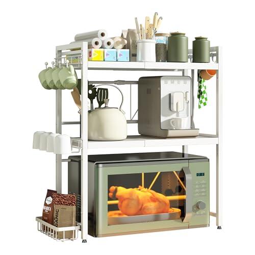 NETEL Soporte Extensible para microondas de 3 Niveles,Estante microondas encimera Ajustable,estanteria Cocina encimera, Organizador microondas con Soporte para Tazas y Cesta de Almacenamiento,Blanco