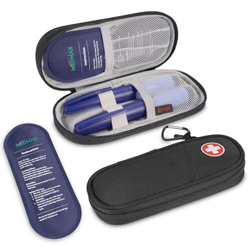 MEDMAX Bolsa Térmica para Insulina con 2 Compresas Frías, Organizador Portátil de Medicamentos - Estuche Aislante para Bolígrafos de Insulina, Fármacos y Suministros Diabéticos, Negro
