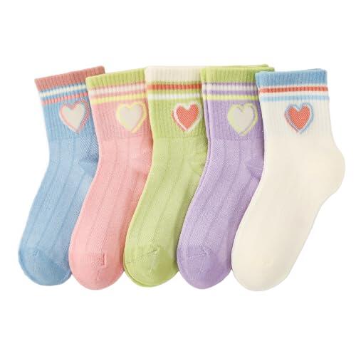 Utensilsto 5 pares de calcetines de tenis para niña, calcetines deportivos para niñas, transpirables, para correr, de algodón, con corazones a rayas, para niños de 5 a 12 años, Púrpura, azul, blanco