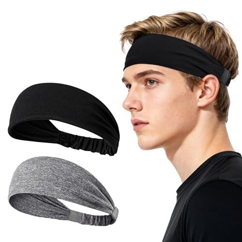Sularpek Cinta Pelo Deporte 2 Piezas, Diadema Elástica Absorbente para Hombre y Mujer, Banda Antisudor para Running, Gimnasio, Yoga, Ciclismo, Incluye Negro y Gris