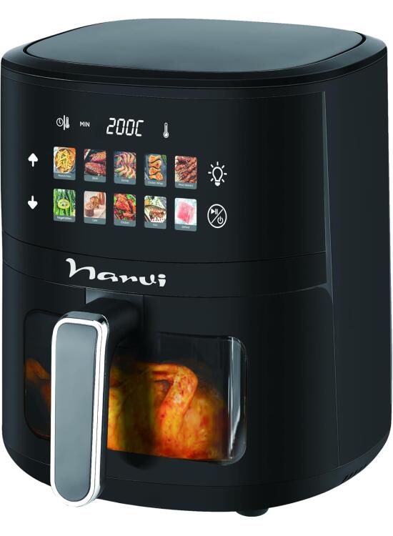 NARVI - Freidora de Aire 1400W con Bandeja de Cristal Visible – Air Fryer Cristal. Freidora Aire 4,5 Litros Hasta 260 °C, Cocción 360°, Panel Digital Táctil, Apta Lavavajillas, Bajo Consumo