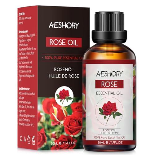 AESHORY Aceite Esencial de Rosa 50ML, Natural Aceite de Aromaterapia de Rosa, Aceites de Fragancia Premium para Humidificador, Masaje, Baño, Cuidado la Piel, Relajación y Calma