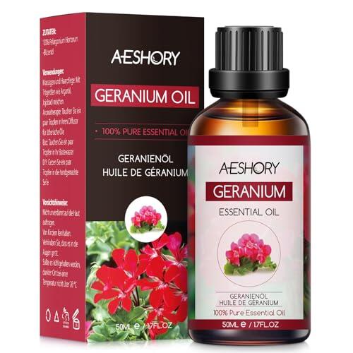 AESHORY Aceite Esencial de Geranio 50ML, Natural Aceite de Aromaterapia de Geranio, Aceites de Fragancia Premium para Humidificador Difusor, Masaje, Baño, Cuidado la Piel, Relajación y Calma