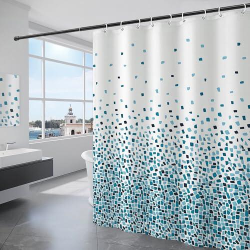 KAIMEIYU Cortina de Ducha Poliéster Cortina de Baño con 12 Ganchos Cortina Bañera Lavable a Máquina Impermeable 180 x 200 cm Azul