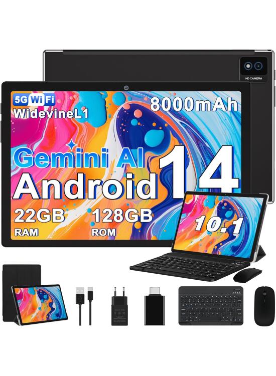 2026 último Tablet 10 Pulgadas Android 14 con Gemini AI, 22GB RAM + 128GB ROM (TF 2TB), Octa-Core 2.0GHZ, 8000mAh, GMS, Widevine L1, GPS, OTG,5G WiFi 6 & BT 5.0,Tablet Teclado y Raton Negro