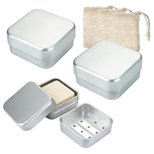 Hulvyzu 3 PCS Caja de Jabón de Viaje de Aluminio con 3 Bolsas de Jabón de Sisal Caja de Jabó n Cuadrada con Tapa Cajas de Jabó n de Viaje Hermética con Escurridor Extraíble para Cuarto de Baño y Ducha