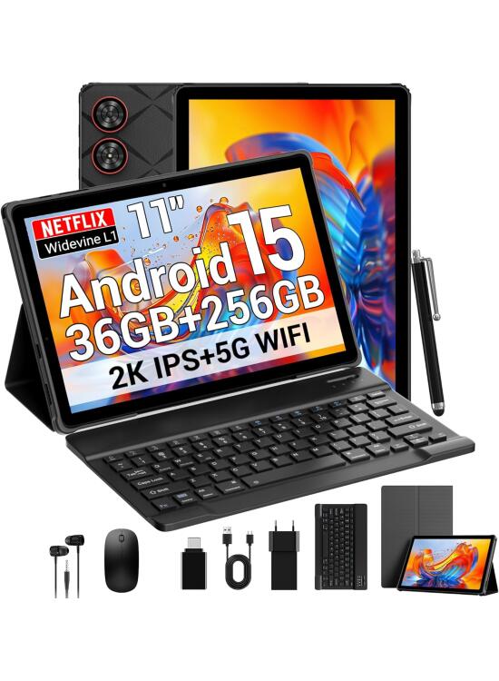 2025 Newest 2K Tablet 11 Pulgadas con Android 15, Octa-Core, 36GB RAM+256GB ROM (1TB TF), 5G WiFi, 2000 x 1200 Incell, Widevine L1/8000mAh/13MP+8MP/GPS, Tablet con Teclado+Ratón