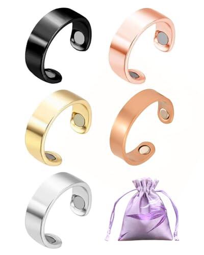HUVZOR 5pcs Anillos De Terapia Magnética,Anillo Magnético Drenaje Linfático,Anillo Abierto para Hombre y Mujer, Juego de Anillos, Con bolsa de almacenamiento