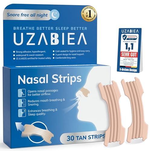 UZABIEA Tiras Nasales, 30 Unidades para Aliviar Ronquidos, Tecnología Patentada BVT y LTa, Triple Barra de Soporte, Sin Fármacos, Mejora la Calidad del Sueño.