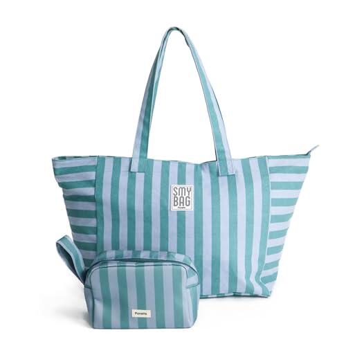 Ponette - Pack Bolsa de Playa Mujer Menorca Grande con Neceser - 64x35x23,5 cm - Piscina, Viaje y Gimnasio - Marca Española