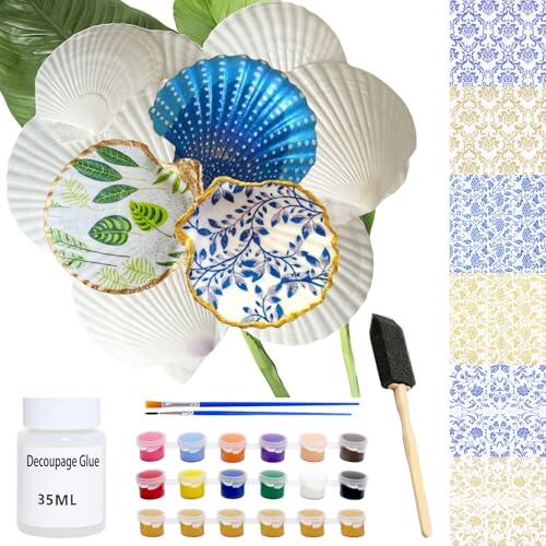 Wanwanzi 10 conchas festoneadas grandes (4-5 pulgadas) kit de decoupage con papel de decoupage floral azul/dorado y pinturas acrílicas doradas y coloridas para manualidades, decoración del hogar
