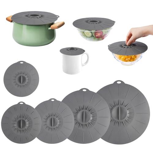 5 Piezas Tapas de Silicona Reutilizables, 5 Tamaños Tapas Con Ventosa, Gris Tapa de Ollas Microondas, Lavables en Lavavajillas, para Cuencos, Sartenes, Platos, Tazas, Latas, Hornos, Refrigeradores