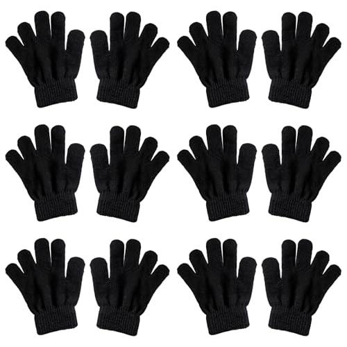 6 Pares de Guantes Elásticos Mágicos para Niños, Manoplas de Dedo Completo Elásticas, guantes de punto unisex, guante cálidos de invierno, para niños y niñas de 5 a 13 años, todos los días(Negro)