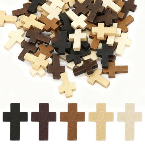 CYUXING 100 mini cruces de madera, pequeñas cruces de madera en cinco colores, pequeñas decoraciones de bolsillo naturales para hacer collares y pulseras, regalo cristiano para niños y adultos