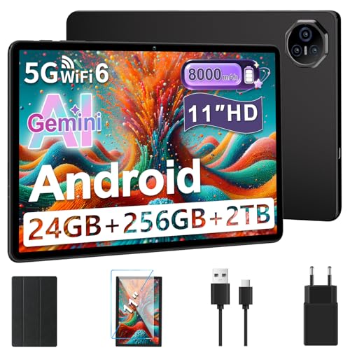 Tablet 11 pulgadas, Tableta Android, 24 GB RAM+256 GB ROM (2 TB TF), FHD IPS, Octa-Core, UFS 2.2 Flash, 8000 mAh, 5 MP + 13 MP, WiFi dual, BT 5.0, Widevine L1, Face ID, con Carcasa Metálica-Gris