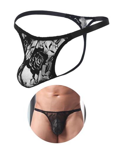 comeondear Tanga Hombre Sexy de Encaje Tangas Hilo Elastico Ropa Interior Sexy para Hombre String Calzoncillos Talle Bajo Slips Thong Men Lenceria Talla Grande Negro,M
