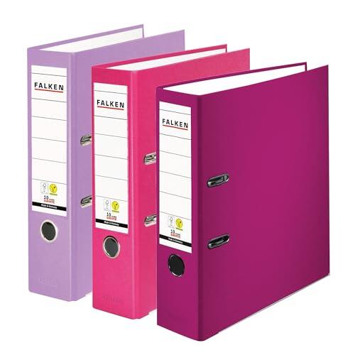 Falken Pack de 3 Archivadores PP-Color, Fabricado en Alemania, 8 cm, DIN A4, surtido en colores pastel berry, cubierta exterior de plástico, interior de papel, con etiqueta de lomo intercambiable