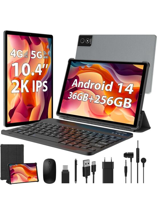 Tablet Android 14 de 10,4 Pulgadas, 4G LTE y WiFi 5G, 36 GB RAM + 256 GB ROM, Octa-Core, 8000 mAh/OTG/Cámara 8+13 MP/BT5.0/GPS/GMS, Tableta con Teclado y Ratón (Gris)