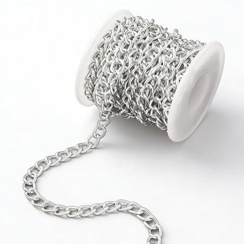 JCTEEY 5M Cadena Eslabones Plata de Aluminio, eslabones retorcidos de 10 x 7 mm, Cadena de eslabones Gruesos para Collares, Pulseras y Manualidades DIY (Plata)