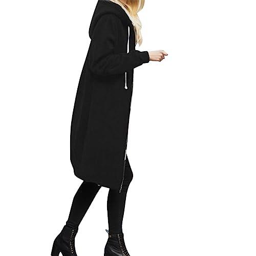 Generisch Abrigo largo de forro polar para mujer con cremallera como sudadera cálida, chaqueta para actividades al aire libre, tiempo libre, Negro , L