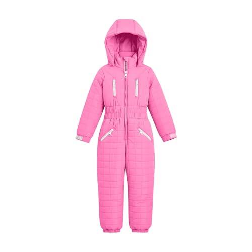 Traje de nieve acolchado para jóvenes con cremallera central para niños y niñas, mono liso con capucha y forro polar para otoño e invierno, viajes y al aire libre, rosa, 7-8 años
