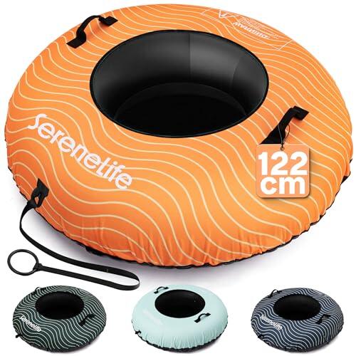 SereneLife Snowtube 101/112/122 cm – Trineo Inflable para Niños y Adultos con Base de Plástico Resistente, Cuerda de Arrastre y Diseño Deslizante para Nieve