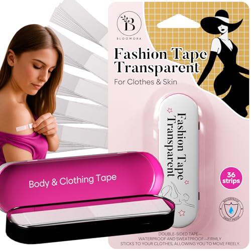 BLOOMORA Cinta Doble Cara Ropa y Piel – 36 Tiras Transparentes (7,6 x 1,3 cm) – Body Tape Resistente al Sudor – Cinta Adhesiva para Escote, Vestidos, Blusas y Ropa Pegada a la Piel - Caja de Metal
