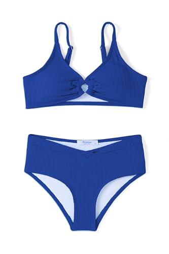 Arshiner Niñas Dos Piezas Traje de Baño Canalé Niños Verano Conjuntos de Bikini Color Sólido Ajustables Tankini Bikini Set para Niñas 13-14 Años Azul Real