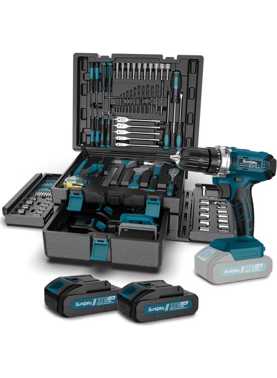 Sundpey Caja de Herramientas 255 Piezas con Taladro Percutor a Bateria 21V, Taladro Atornillador Batería Juego Herramientas con Cajón Portátil Completo para Reparaciones Domésticas y Automotrices