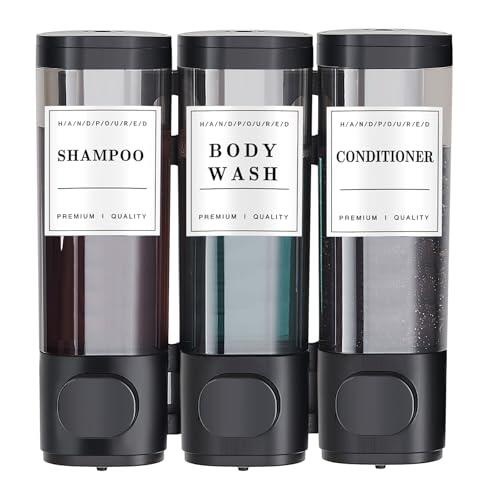 KSITEX Dispensador de Jabón de Ducha 3 Recipientes, Sin Taladro – Dosificador para Champú, Acondicionador y Gel de Ducha de Gran Capacidad (3x300ml, Plata) para Baño, Cocina, Hotel Negro 3 Cámaras