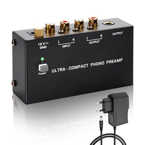 SinLoon PP400P Preamplificador Profesional de Fono - Salida Doble (RCA y ¼ Pulgada) con Terminal de Tierra y Interruptor de alimentación, Amplificador de fonógrafo Giratorio de bajo Ruido (Negro)