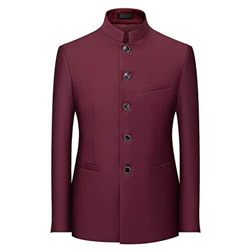 Chaqueta de traje para hombre – Chaqueta Blazer Hombre Slim Fit Chaqueta de boda ligera con cuello Mao Business Abrigo Chic Y Elegant Botón Abrigo Manga Larga Casual, Vino, XL