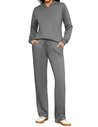 Totatuit Conjunto sport mujer 2 piezas sudadera con capucha pantalón ancho loungewear cálido casual chic Gris，M