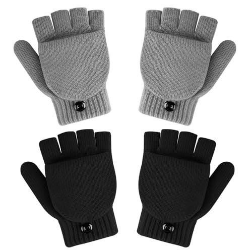 Kiiwah 2 Pares Guantes con Botón sin Dedos para Niños sin Dedos, Guantes Convertibles de Punto Termicos Invierno para Niñas y Niños de 3 a 12 Años